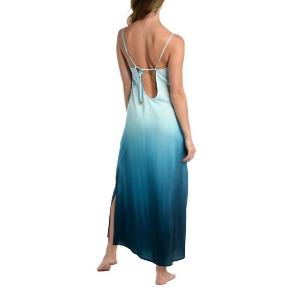 LA BLANCA Turquoise Ombré Oasis Back-Tie Side-Slit Cover-Up Dress Medium - 0015 - Picture 11 of 13